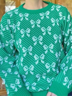 Vintage Galaxie Green Acylic Knit All-Over Bow Design 80s Sweater